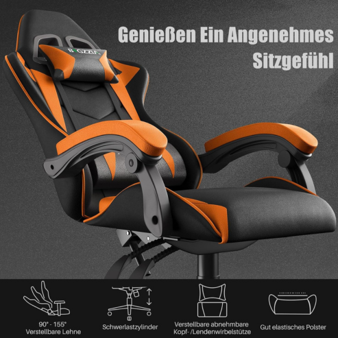Dowinx – Chaise de gaming ergonomique en cuir PU, fauteuil de bureau inclinable avec support lombaire énergétique, idéale pour E-sport et ordinateur