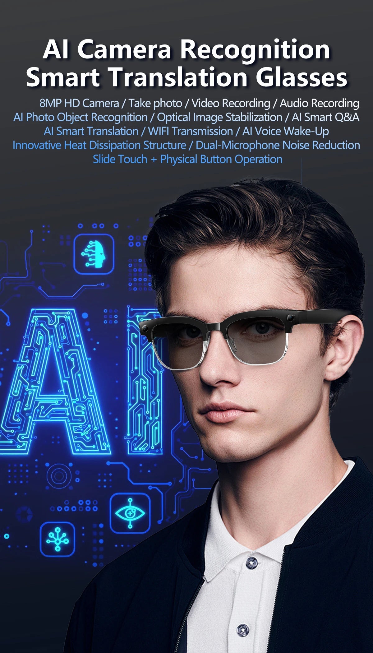 Skaire Lunettes intelligentes IA W630 – Caméra 8 MP et traduction multilingue