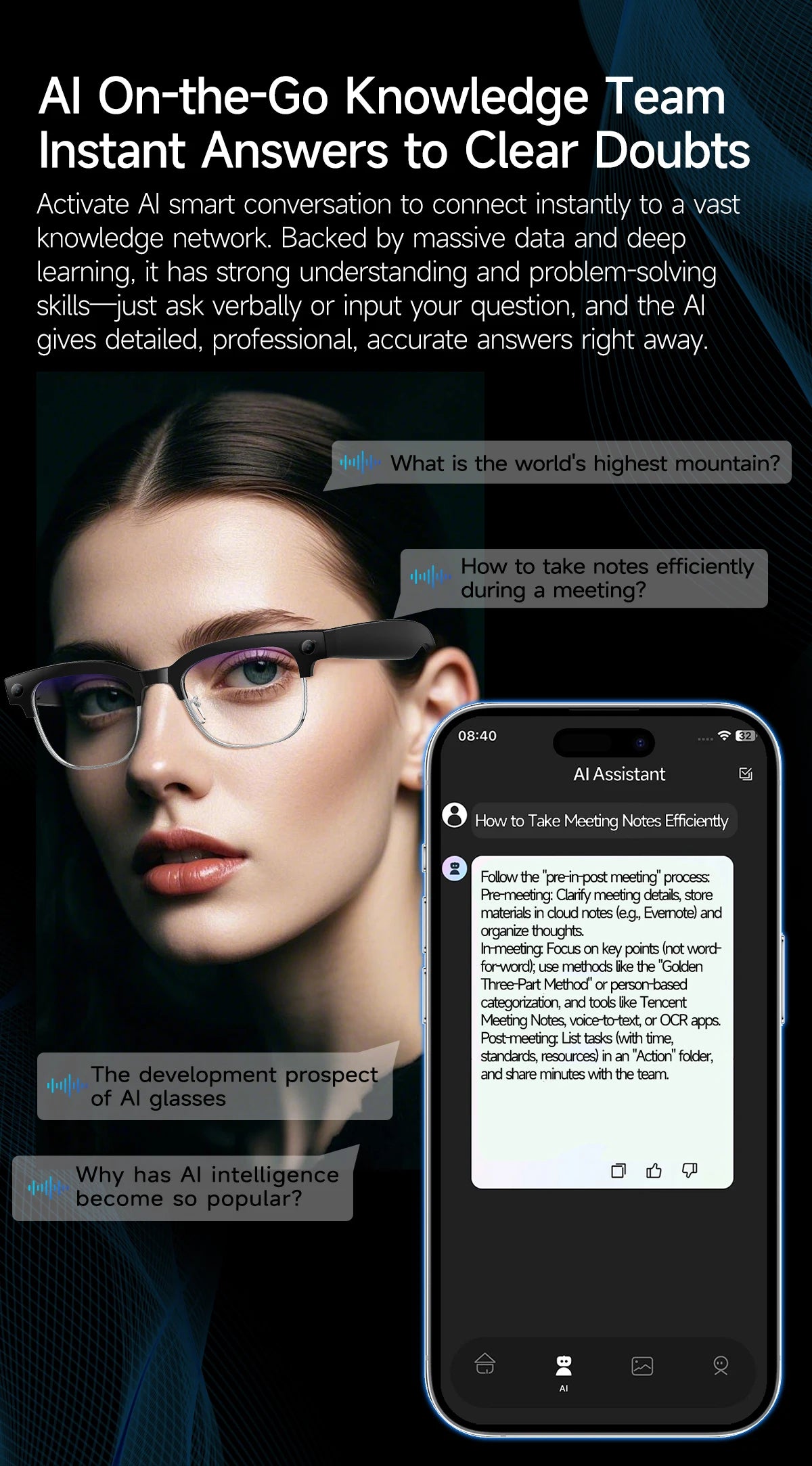 Skaire Lunettes intelligentes IA W630 – Caméra 8 MP et traduction multilingue