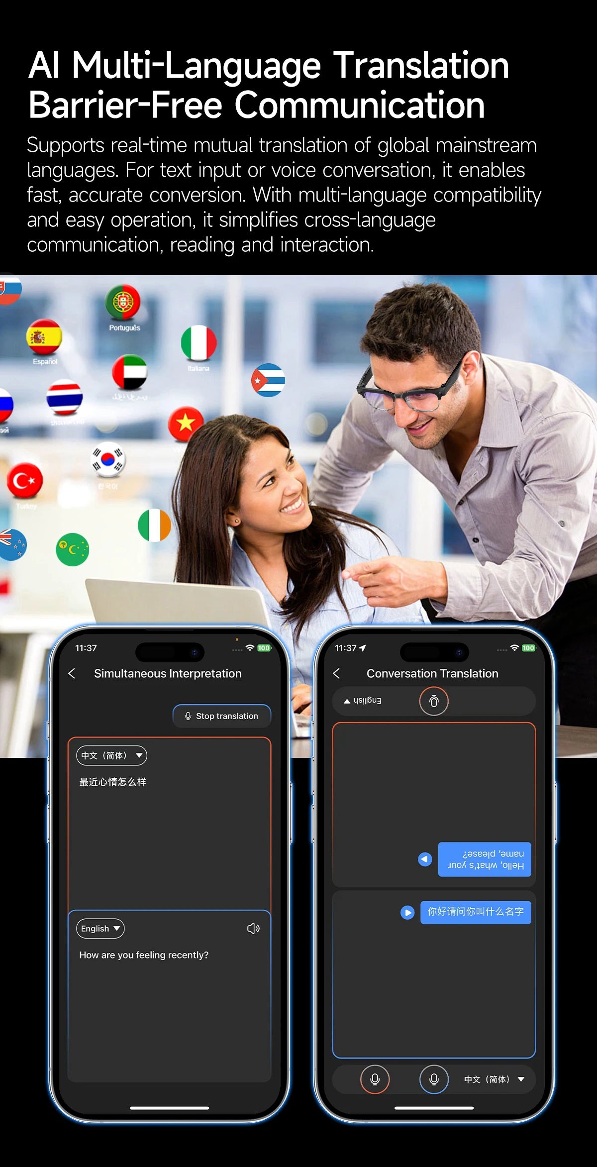 Skaire Lunettes intelligentes IA W630 – Caméra 8 MP et traduction multilingue